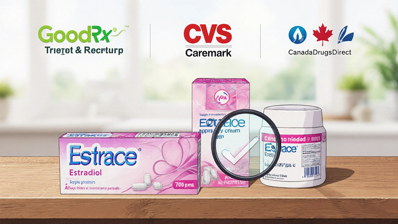 Three Estrace forms with FDA-approved generic highlighted under magnifying glass
