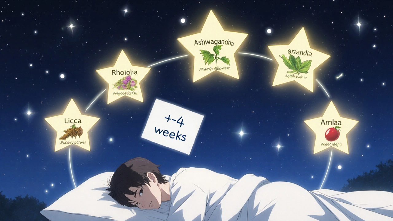 A night sky of herbal stars above a sleeping person, with a floating medical note.