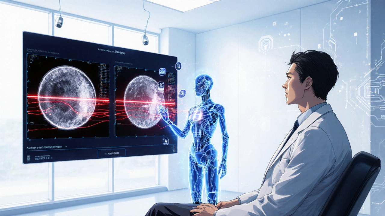 AI hologram analyzing OCT scan and showing glaucoma risk scores.