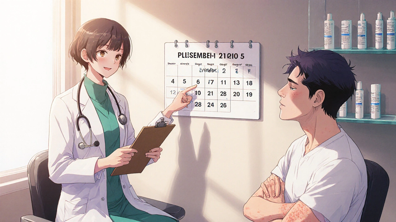 Anime dermatologist consulting a patient with clear skin, showing a calendar for short‑term steroid use.