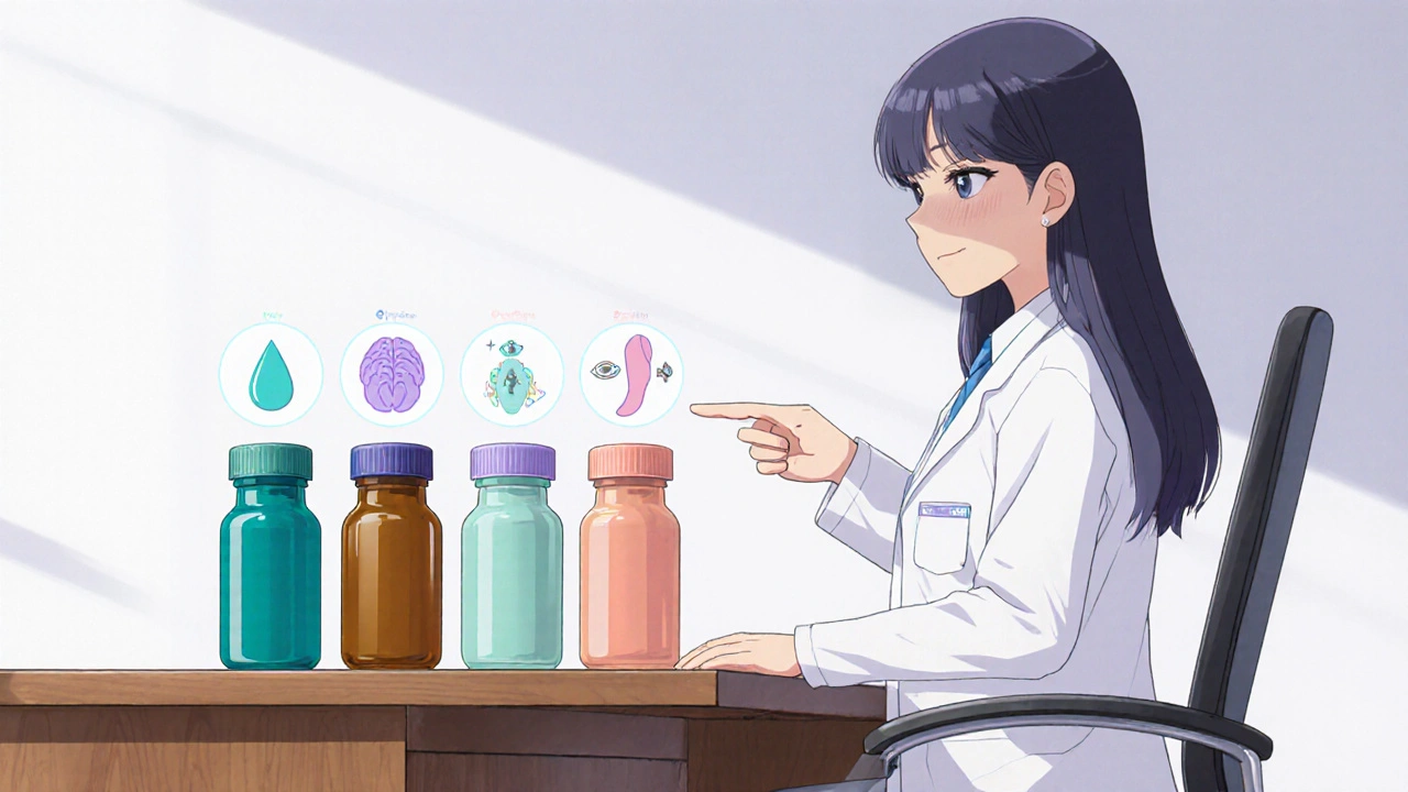 Anime doctor showing five colored pill bottles with floating side‑effect icons.