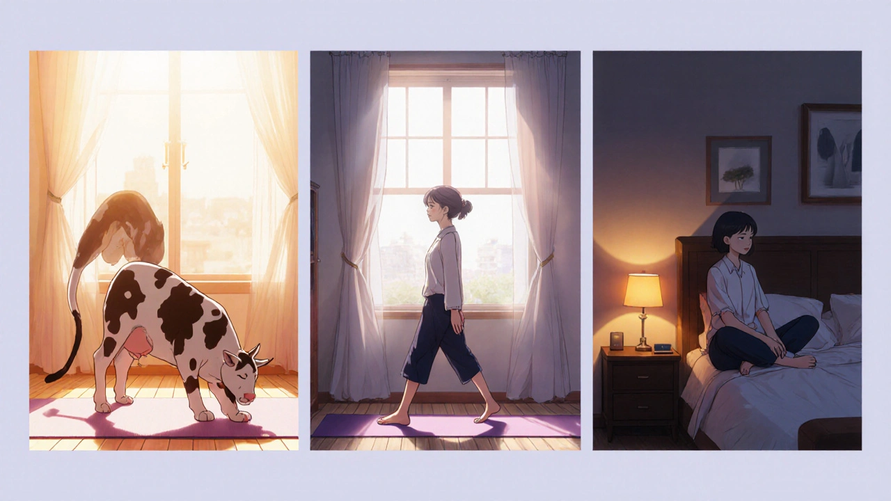 Anime multi‑panel routine: morning yoga, midday movement break, evening meditation in dim bedroom.