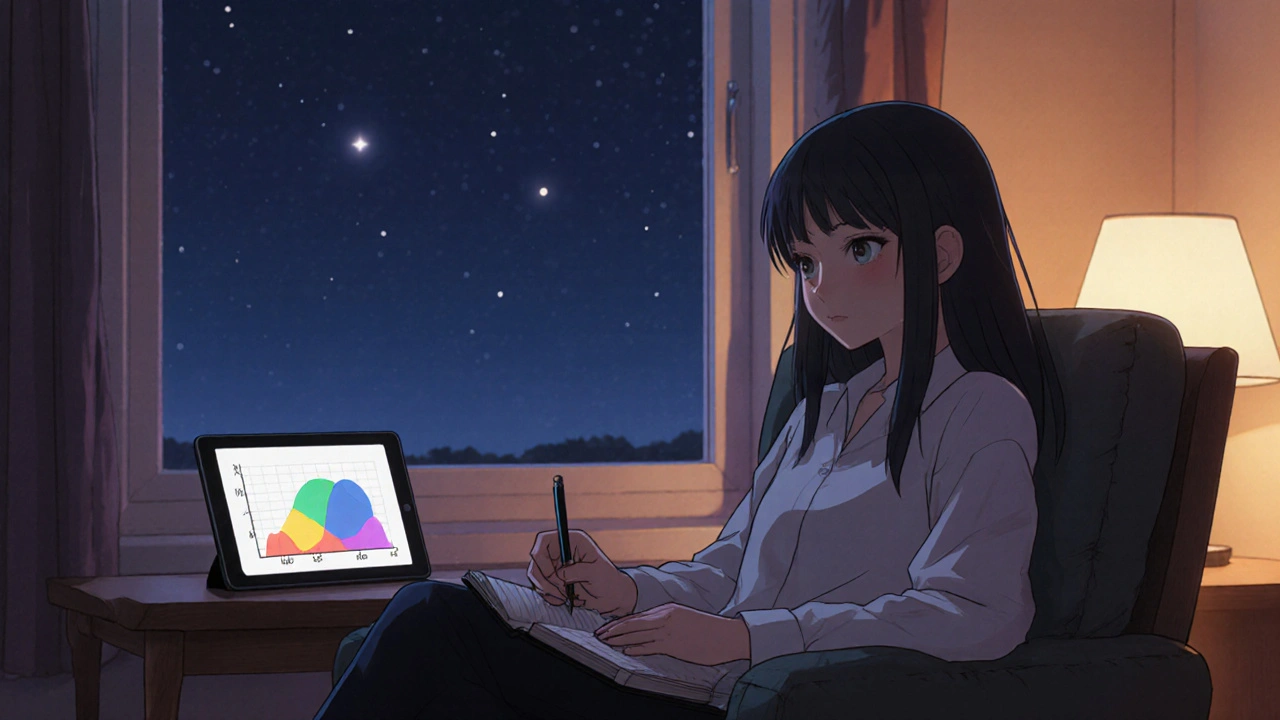 Anime person writing in a journal, feeling hopeful in a cozy evening setting.
