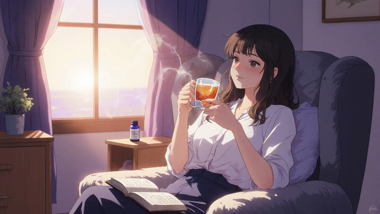 Anime woman relaxing with tea and a book in a warm bedroom, glowing with relief and fresh energy.