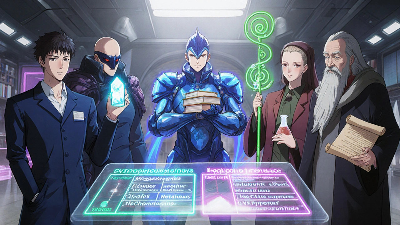 Anthropomorphic anime characters personify Neoral, Tacrolimus, MMF, Sirolimus, and Azathioprine with a holographic chart.