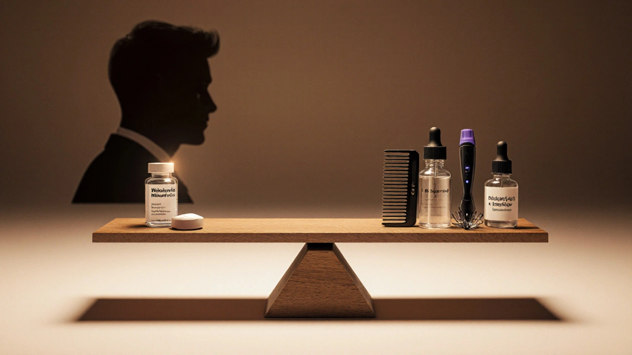 Balance scale comparing a Dutasteride pill with various alternative treatment items.