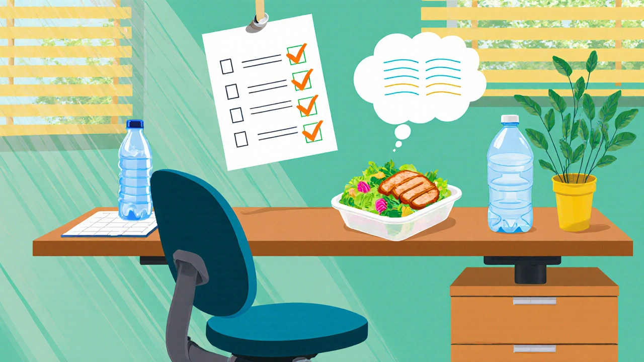 Bright desk with water bottle, standing desk, healthy lunch, and a heartburn‑friendly checklist.