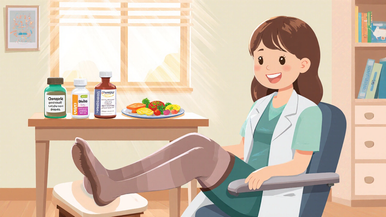 Doctor's office cartoon of a patient with elevated legs, compression stockings, meds, and gluten‑free food.