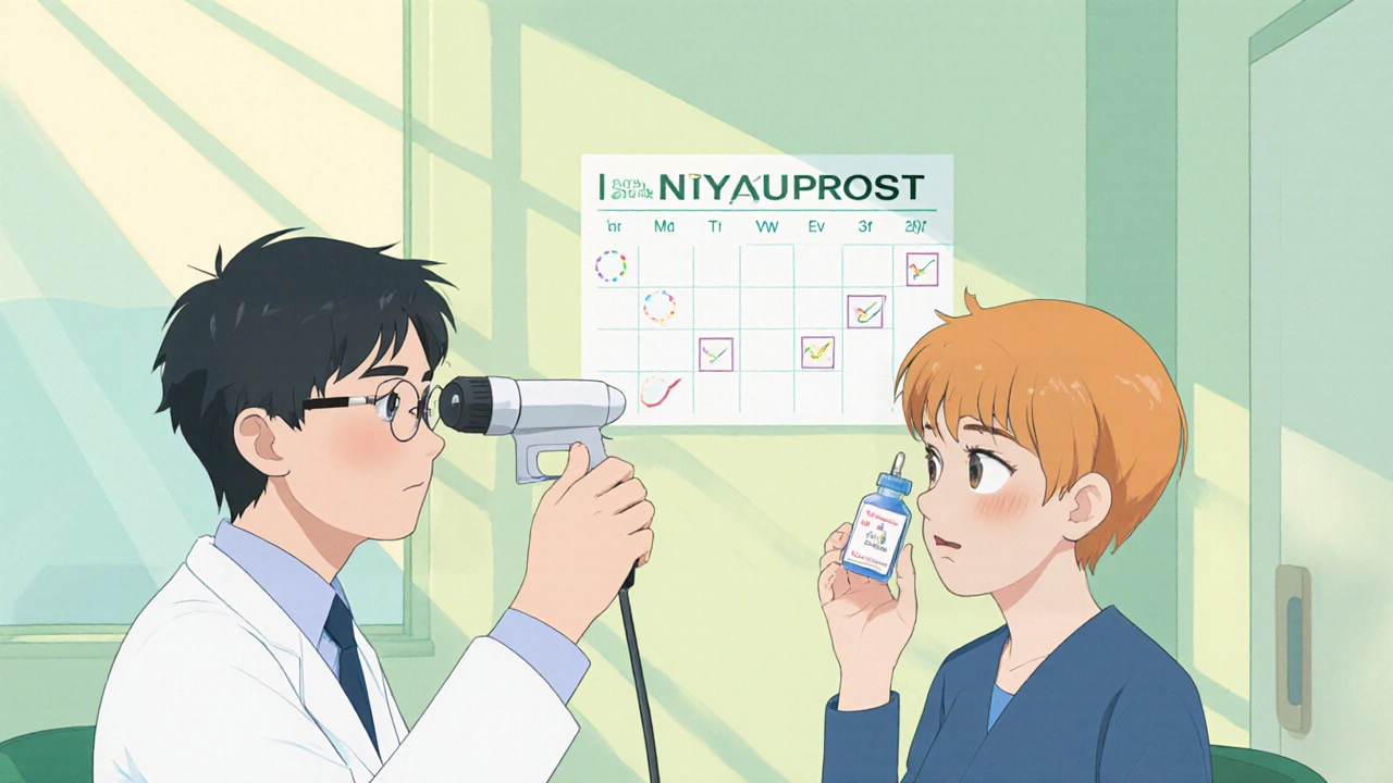 Doctor checking eye pressure while patient uses preservative‑free drops, with a calendar in the background, anime style.
