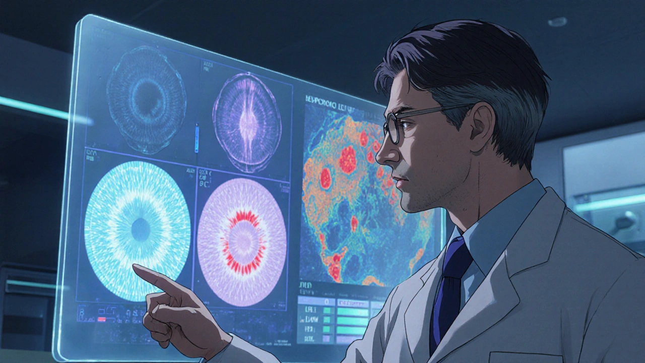 Doctor comparing OCT, HRT, and SLP images alongside visual‑field map.
