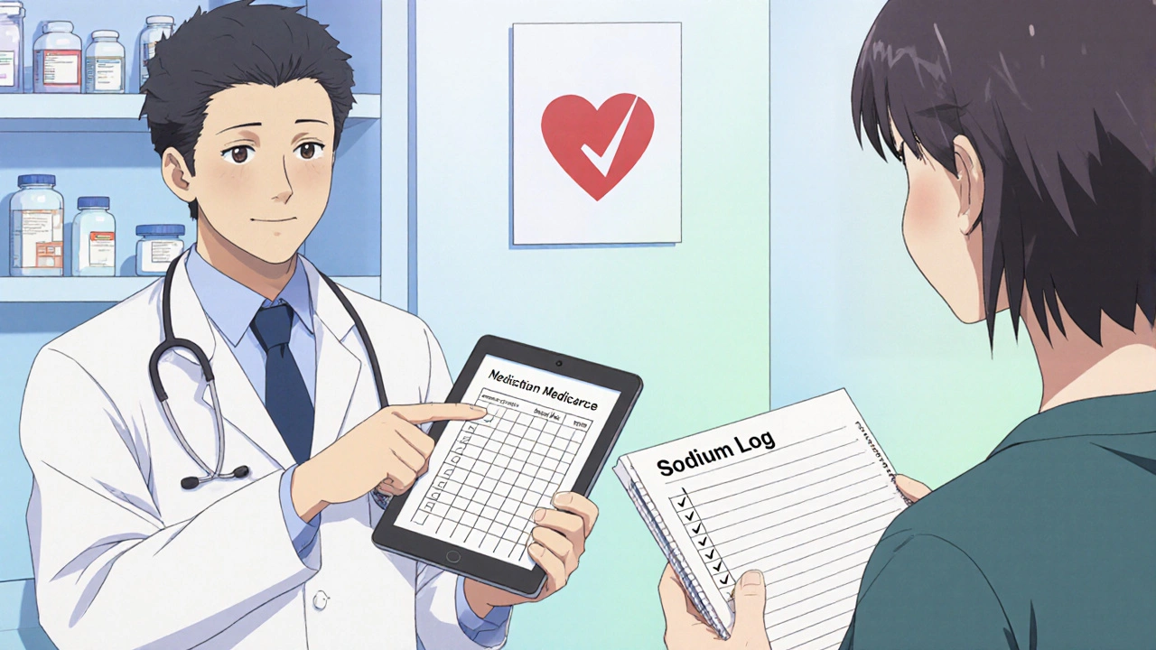 Doctor discusses reduced medication dosage with patient holding a sodium tracking notebook.