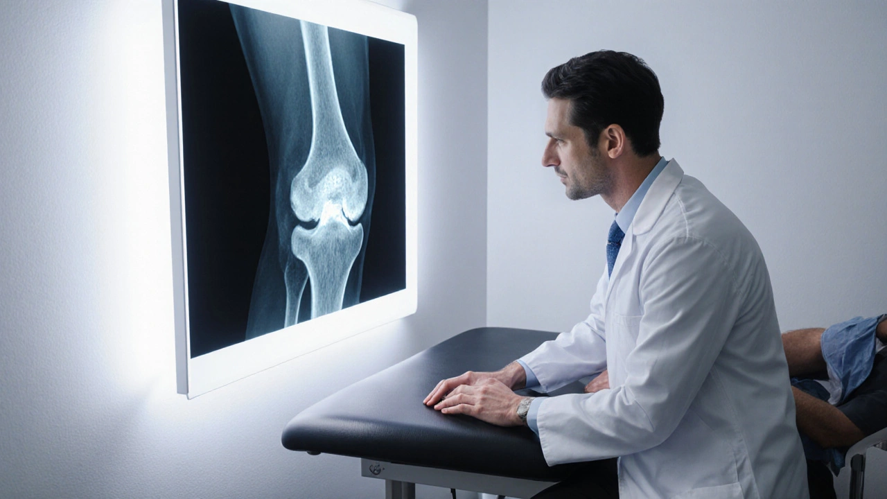 Doctor examining a knee with X‑ray and MRI images displayed in a clinic.