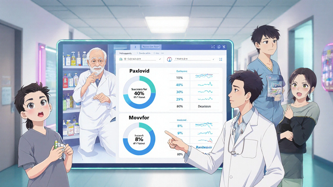 Doctor pointing at comparison charts of COVID antivirals with patients in different settings