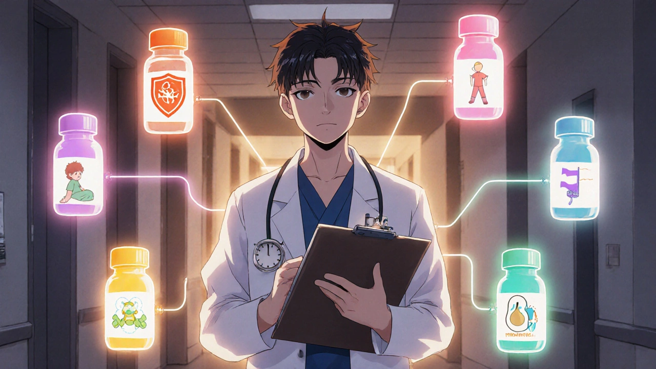 Doctor with a glowing decision tree showing vial icons for different antibiotics.