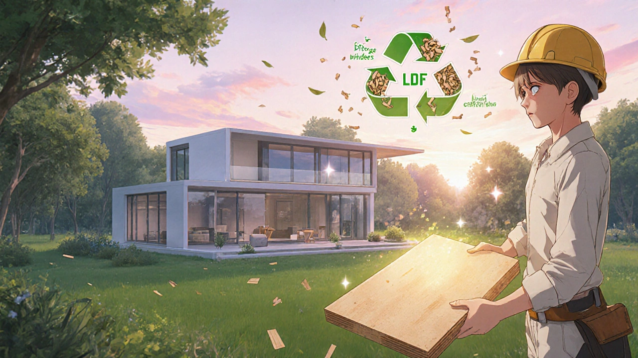 Eco‑friendly house built with LDF surrounded by trees and a circular‑economy backdrop.