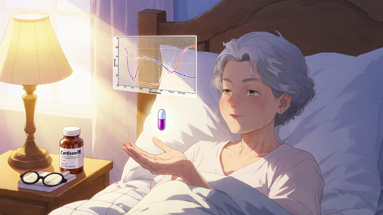 Elderly woman holding extended-release diltiazem capsule in peaceful morning light.