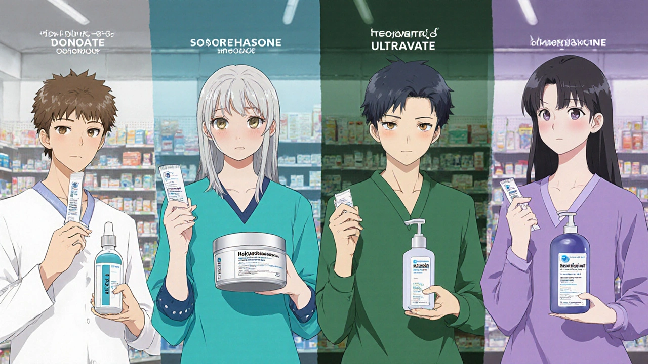 Four anime characters each holding a different high‑potency steroid container, illustrating options.