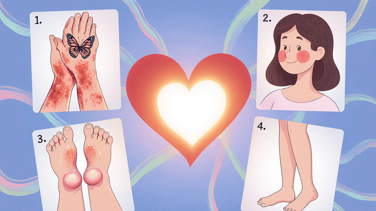 Four storybook scenes illustrating swelling from rheumatoid arthritis, lupus, Hashimoto, and celiac disease.