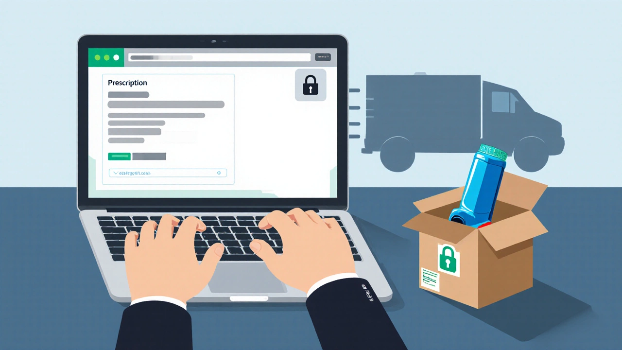 Hands on a laptop uploading a prescription, with a sealed inhaler box and delivery truck in view.