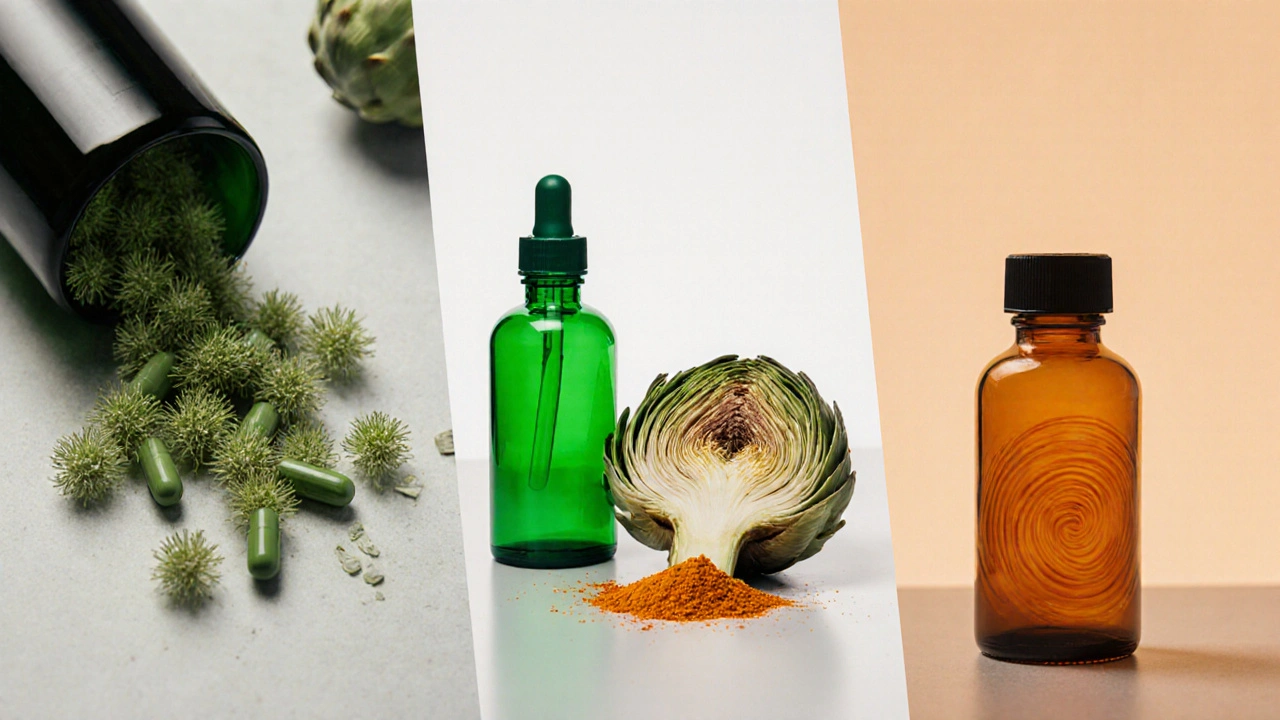 Illustration comparing milk thistle, artichoke, turmeric, and silybin‑phosphatidylcholine supplements.