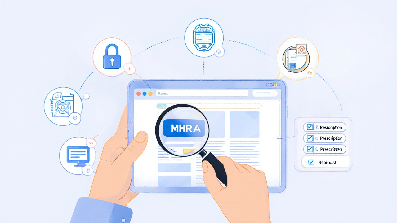 Illustration of shopper checking website for MHRA badge, HTTPS lock, and address.