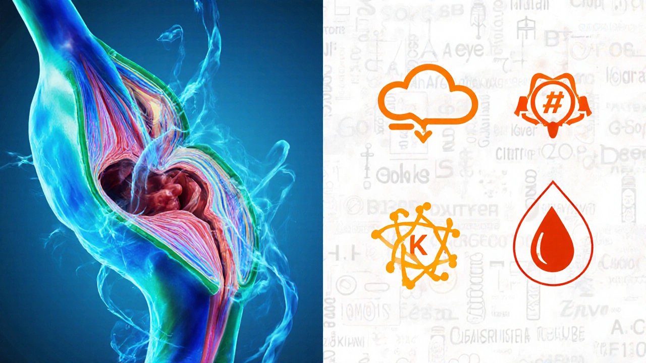 Medical illustration showing relaxed artery and icons for cough, potassium, dizziness.