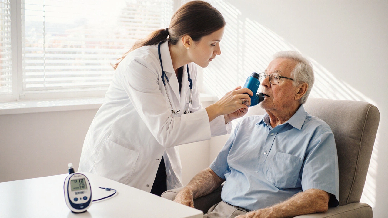 Nurse teaching a patient how to use an inhaler in a bright clinic setting.