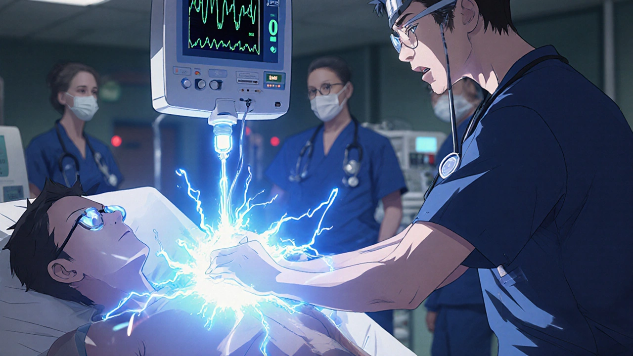 Paramedic giving IV diltiazem in emergency room as heart monitor spikes dramatically.