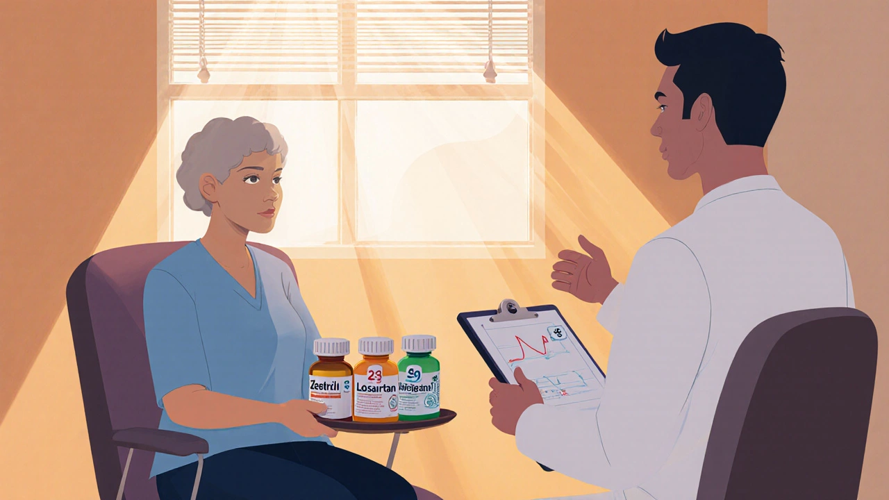 Patient and doctor discussing medication options with pill bottles and price tags.