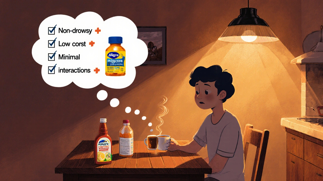Person at kitchen table choosing Allegra, with a thought bubble showing a non‑drowsy checklist.