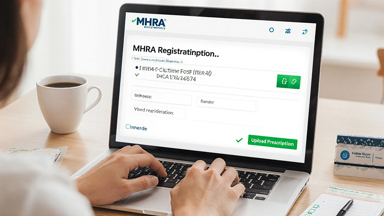 Person checking an online pharmacy site with MHRA number, padlock icon, and prescription upload button.