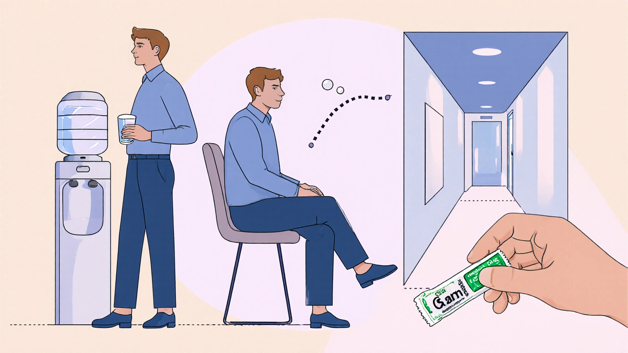 Person correcting posture, drinking water, chewing gum, and taking a short walk at work.