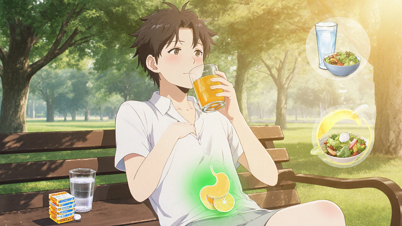 Person drinking orange juice with iron tablets nearby, bathed in soft sunlight.