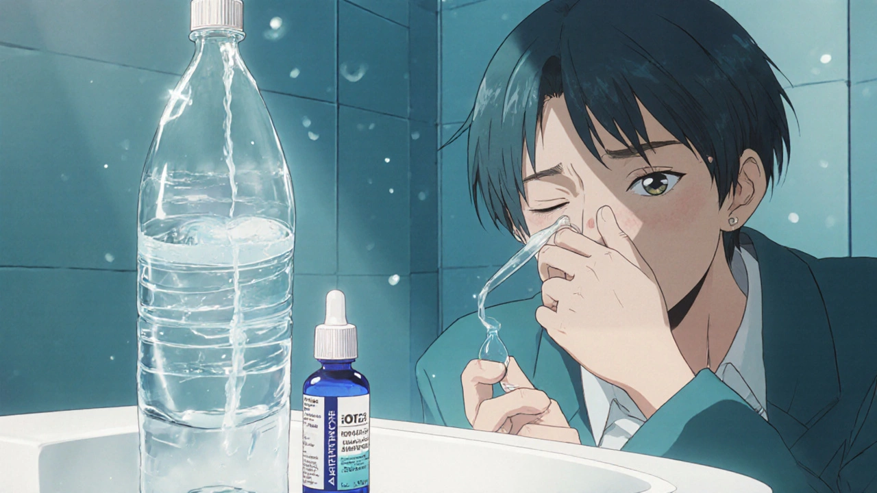 Person rinsing an eye with saline and applying artificial tears and antihistamine drops in anime style.