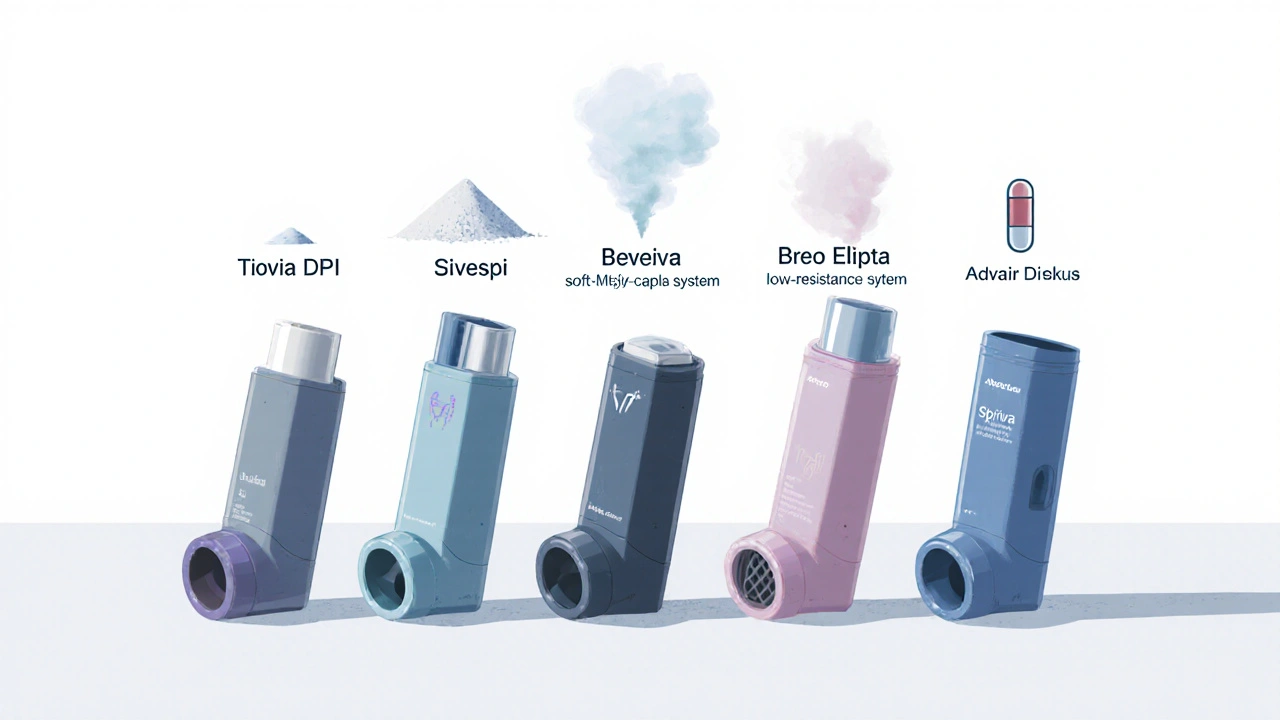 Row of six different inhalers displayed on a table, each showing its unique design.
