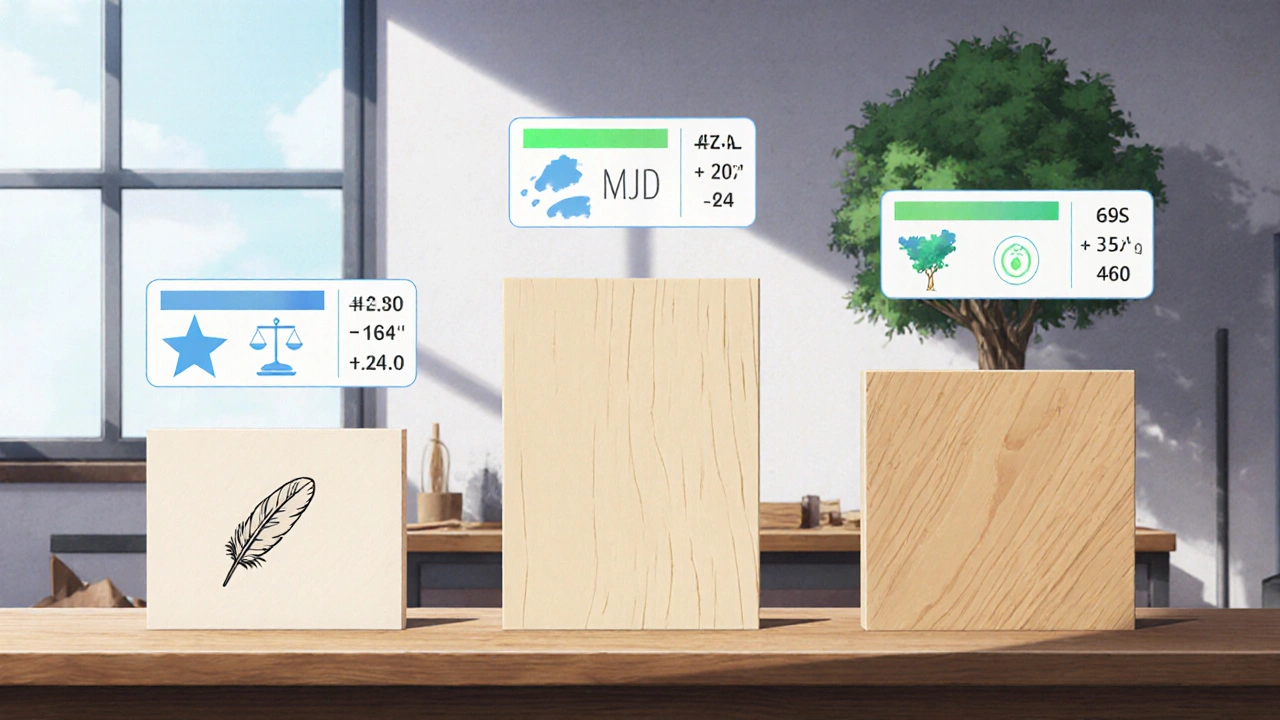 Side‑by‑side comparison of LDF, MDF, and solid wood showing weight and carbon footprints.