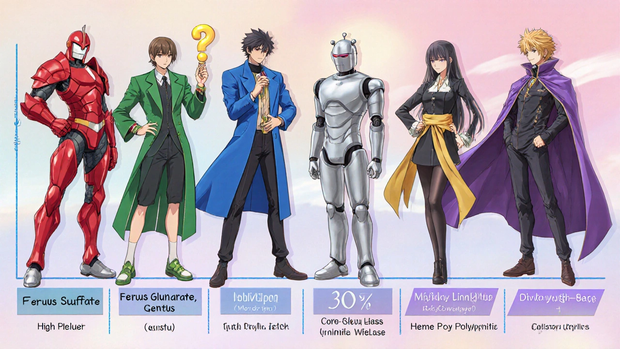 Six anime characters representing different iron supplements stand side by side.