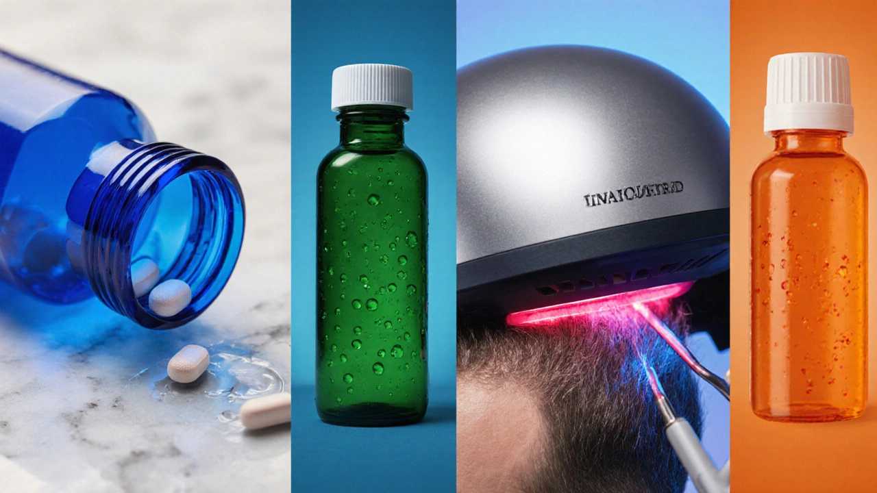 Six panels showing oral pill bottle, Minoxidil bottle, laser helmet, spironolactone bottle, hair transplant, and finasteride bottle.