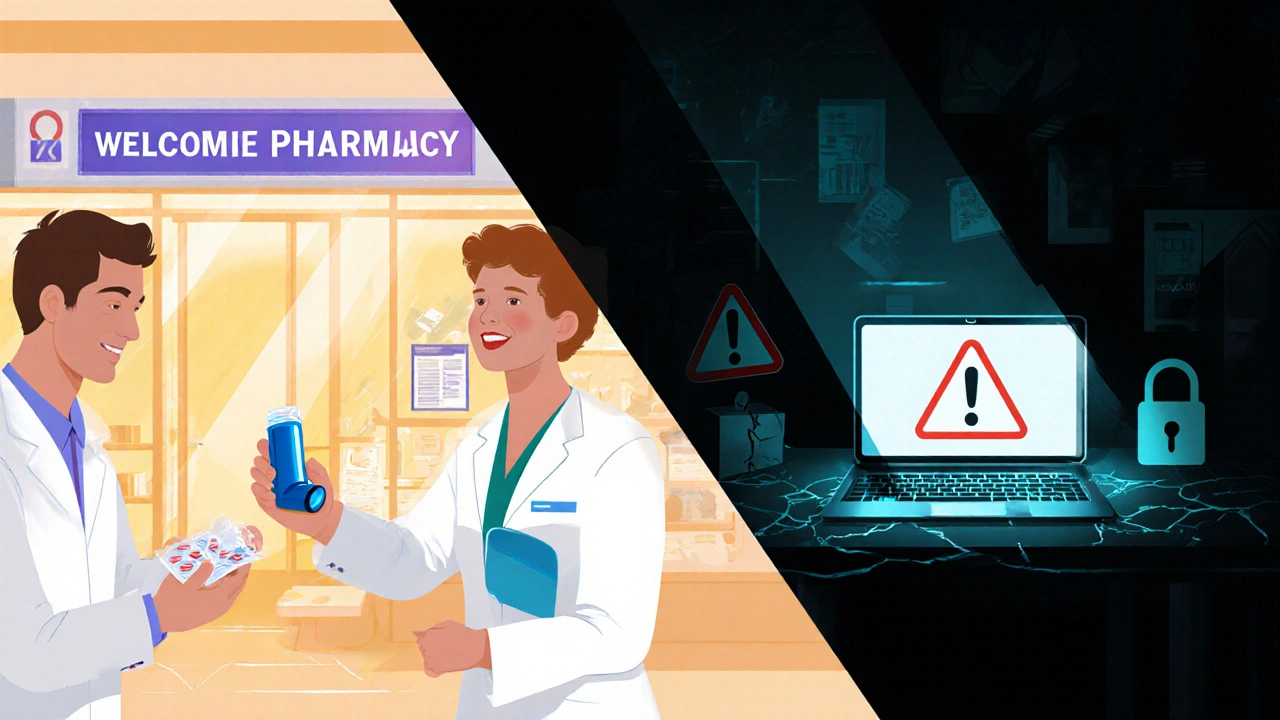 Split scene showing a reputable pharmacy handing an inhaler versus a shady room with a cheap inhaler and warning icons.