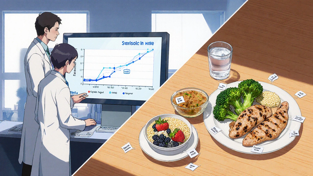 Split scene shows lab researchers presenting blood pressure data and a low‑salt meal spread.