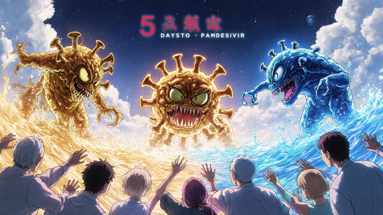 Three viral monsters being defeated by different treatments under colored auras