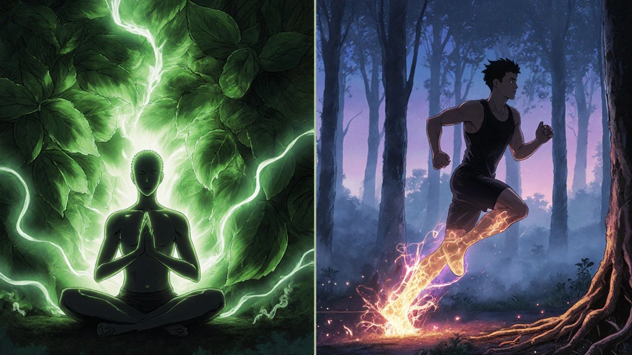 Two contrasting scenes: calm meditation with holy basil and energetic sprint with ginseng.