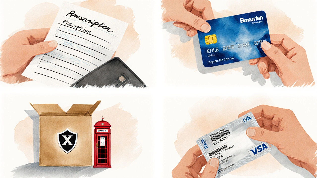 Watercolor collage of prescription scan, protected payment, delivery box, and pill check.