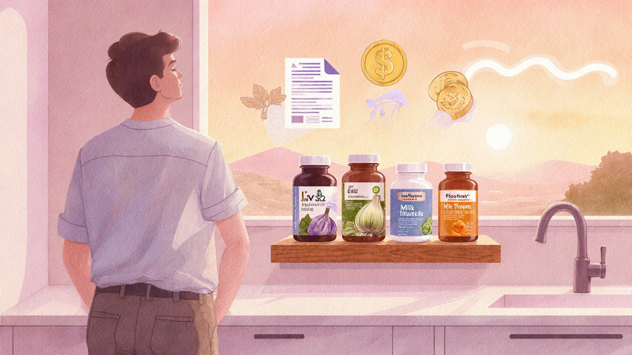 Watercolor of a person choosing liver health supplements on a sunny kitchen shelf.
