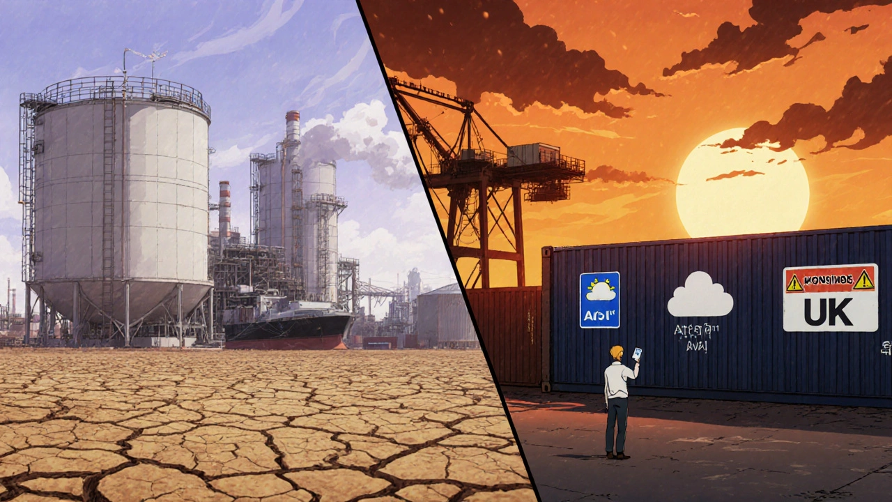 A dry factory in India next to a delayed shipping container, under a bleak orange sunset with weather warnings in the air.