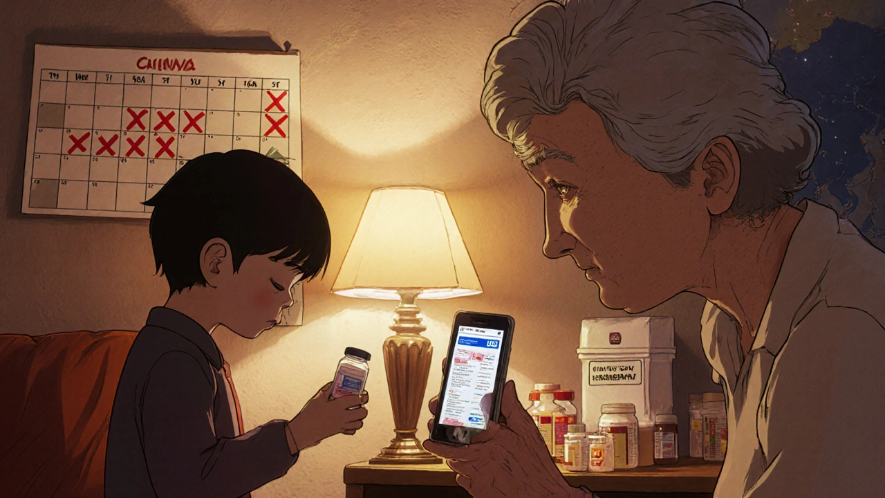 A family in a living room confronting a medicine shortage, with empty pill bottles and an NHS alert on a phone screen.