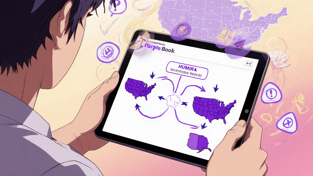 A patient viewing the Purple Book on a tablet, with interchangeable biosimilars linked visually.