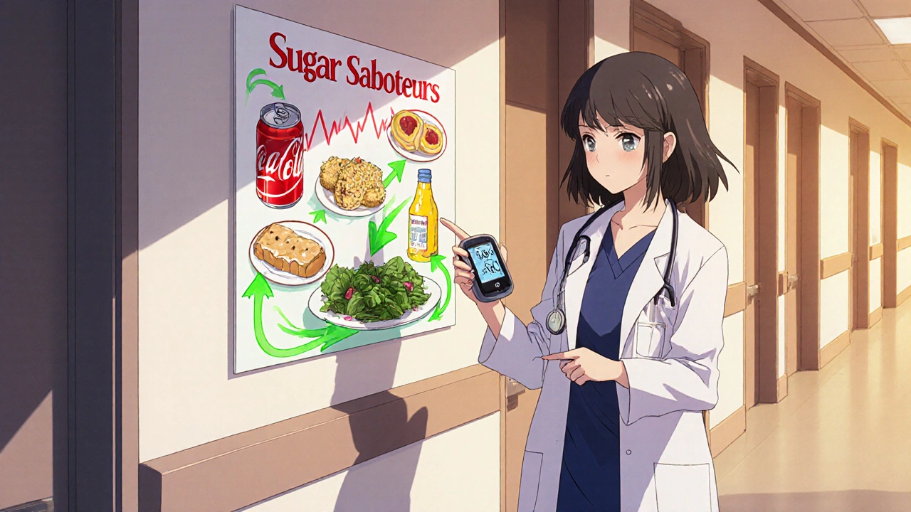 A patient with a glucose monitor stands beside a dietitian, watching sugary foods being replaced by healthy choices in a glowing medical chart.