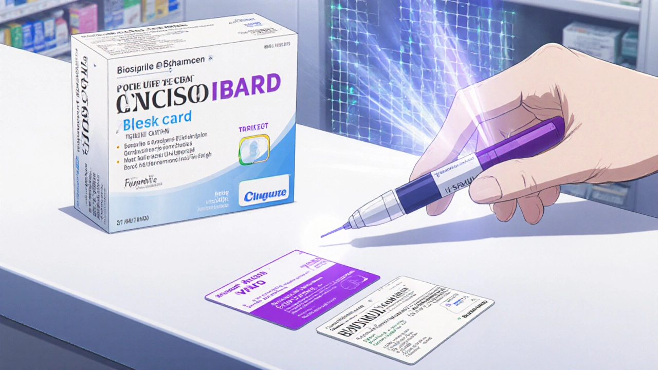 A pharmacist placing an insulin pen beside its reference brand with FDA interchangeable status tags.