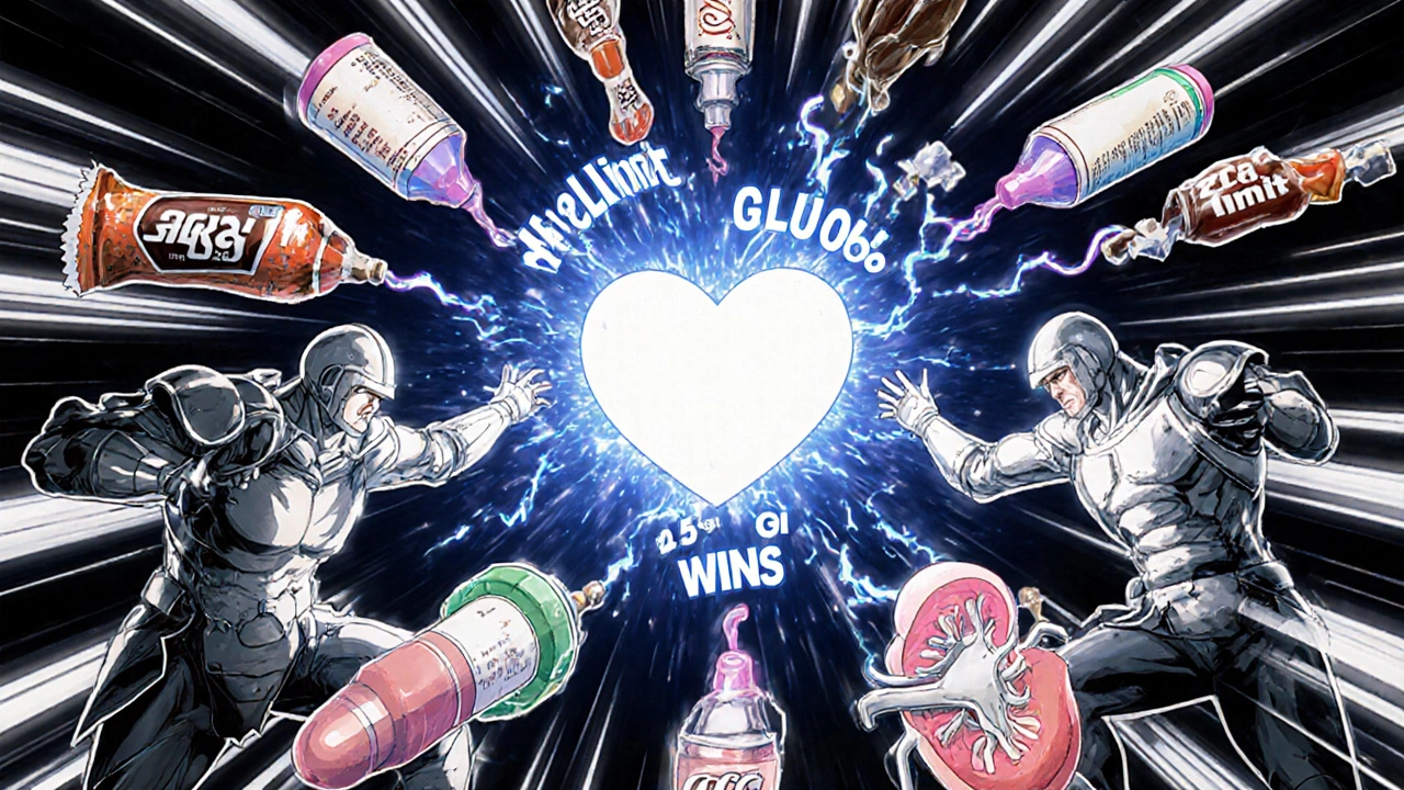A surreal battle inside the body: diabetes medications fight sugar monsters while kidneys flush out glucose, with glowing health symbols in the background.